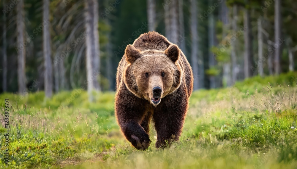 Majestic Brown Bear Stalking Across the Meadow in the High Tatras, Capturing Tense Moments of Wildlife and Mountain Majesty. Majestic Brown Bear Stalking Across the Meadow in the High Tatras, Capturing Tense Moments of Wildlife and Mountain Majesty.