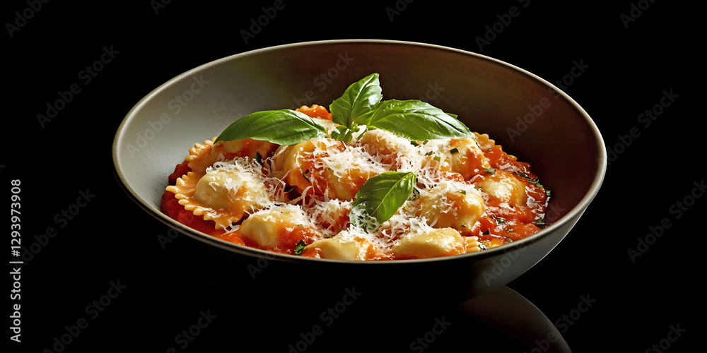 Delicious Plate of Ravioli with Tomato Sauce, Basil and cheese, ai, generated. Delicious Plate of Ravioli with Tomato Sauce, Basil and cheese, ai, generated.