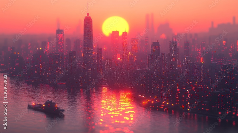 Naklejka premium Futuristic city skyline at sunset, reflected in water with a ship.