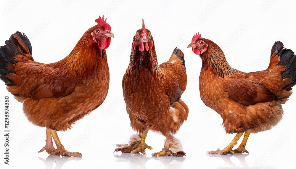 Fototapeta premium Three Brown Farm Chickens Standing on Transparent Background Serene Scene of Rustic Elegance with Warm Tones and Earthy Textures, Perfect for Digital Art, Home Decor, or Design Inspiration.