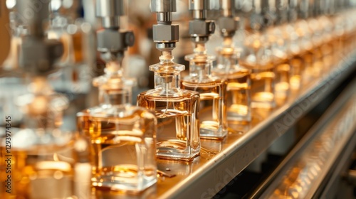 A busy production line fills glass perfume bottles with a golden fragrance. Machines operate smoothly, ensuring each bottle is accurately filled, showcasing modern manufacturing techniques. photo