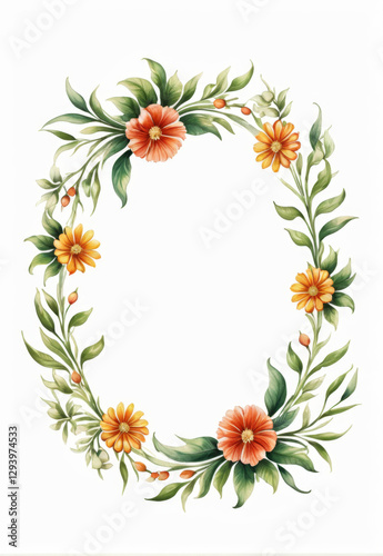 Hand painted round plant floral border elements