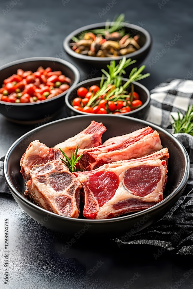 Raw Lamb Chops with Rosemary and Vegetables, Gourmet Meat Dish Raw Lamb Chops with Rosemary and Vegetables, Gourmet Meat Dish