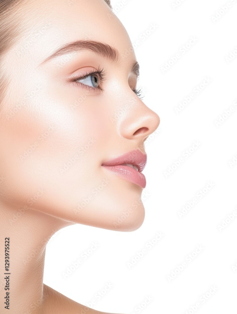Profile portrait of a woman with flawless skin, light makeup, and a neutral expression Profile portrait of a woman with flawless skin, light makeup, and a neutral expression