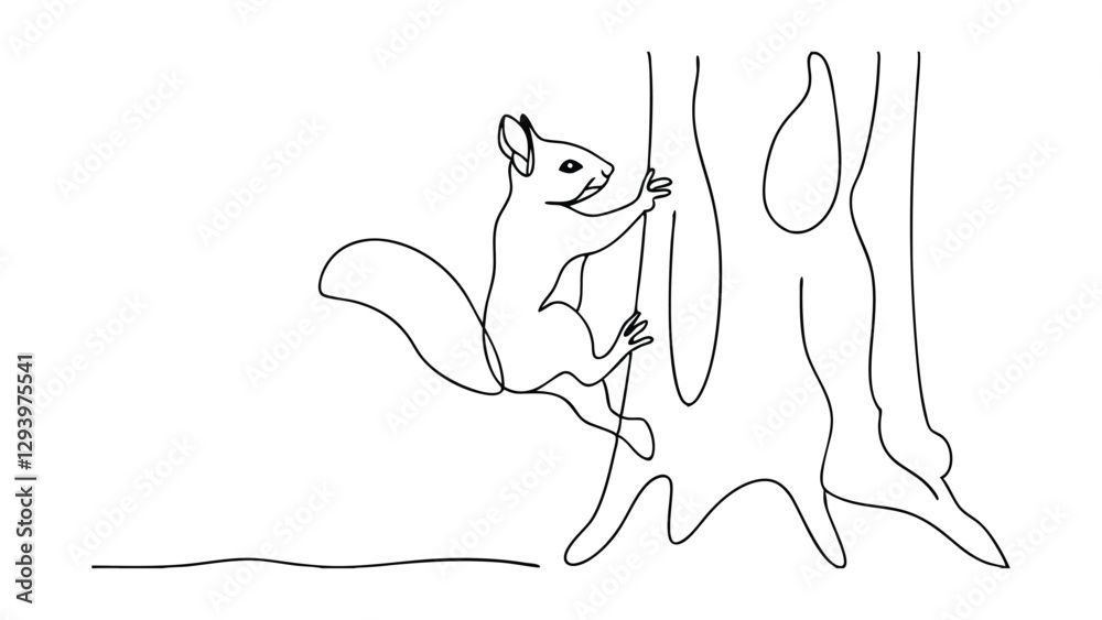 Obraz premium OneLine Drawing of a Squirrel Climbing a Tree