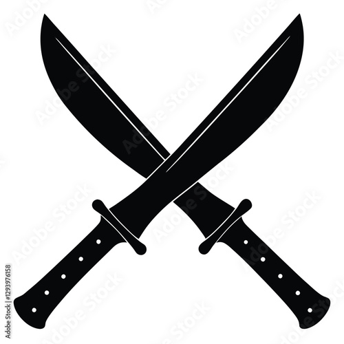 Two crossed swords with sharp metal blades and antique handles, symbolizing an old medieval weapon, isolated on a white background