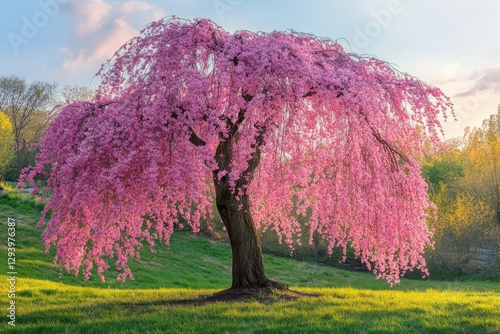 A stunning spring view of a blooming weeping higan cherry tree in arnold arboretum, jamaica plain, perfect for nature lovers and landscape photography aficionados photo