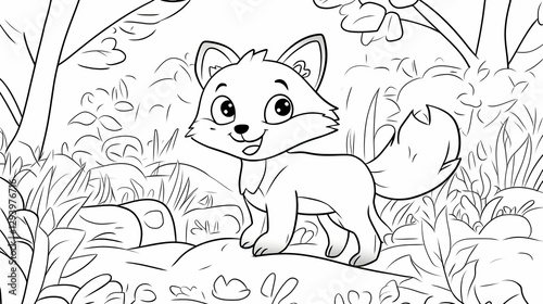 Cute Cartoon Fox Standing in Forest Clearing - Coloring Page