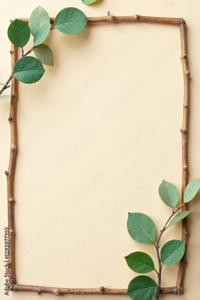 Fototapeta premium Rustic Twig Frame Adorned with Vibrant Green Foliage, Providing a Natural and Serene Composition Perfect for Various Design Applications