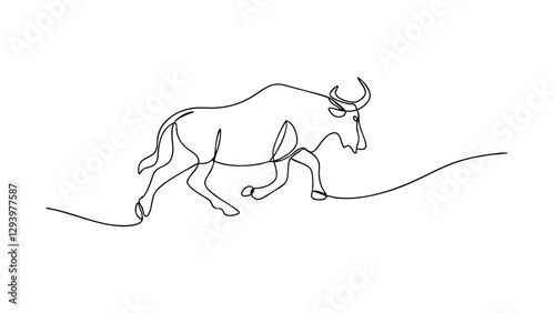 Continuous Line Drawing of a Running Wildebeest in Savanna
