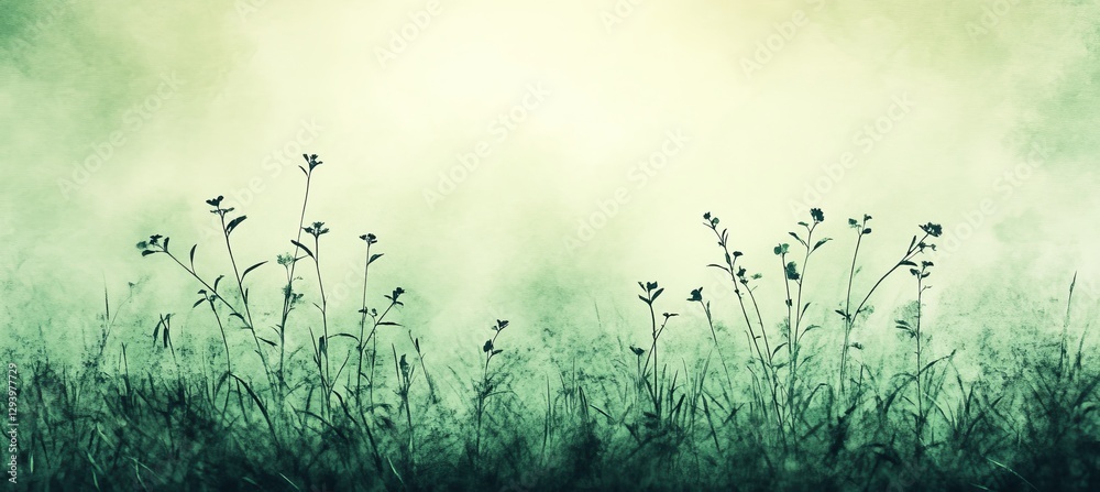 Obraz premium Subtle Cream and Green Textures, Peaceful Floral Art Design of Elegant, Serene, Tiny Flowers Scene