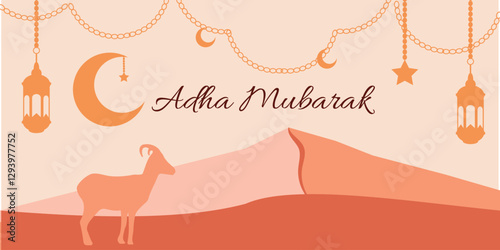 Blessed holiday, Happy holiday! Feast of Sacrifice, Kurban Bayram text translation in Arabic letters, ram, goat, month, stars, gold, green, vector illustration