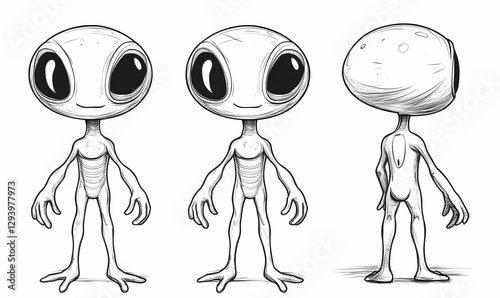Sketch of Three Smiling Extraterrestrial Figures Standing Upright Isolated