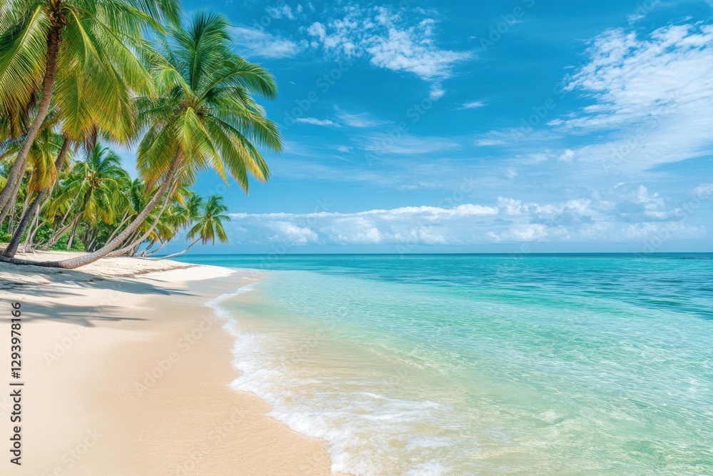Tropical paradise beach view with swaying palms and turquoise sea, perfect for summer getaway promotions or travel brochures targeting sun-seeking vacationers Tropical paradise beach view with swaying palms and turquoise sea, perfect for summer getaway promotions or travel brochures targeting sun-seeking vacationers