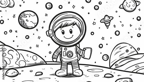 Astronaut Exploring Space Black and White Line Art Illustration