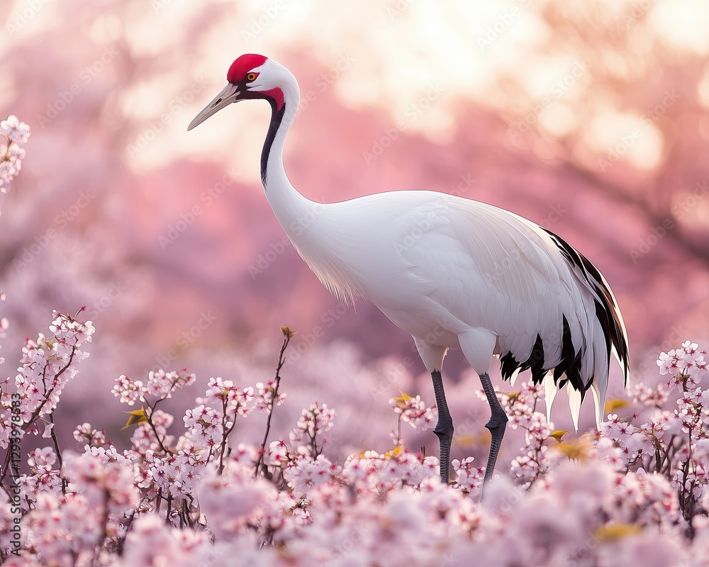Naklejka premium Elegant crane in a blooming landscape.