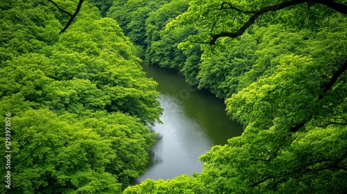High angle view of a calm river flowing through a lush green forest canopy, sunlight reflecting on the water surface. Tranquil and serene natural