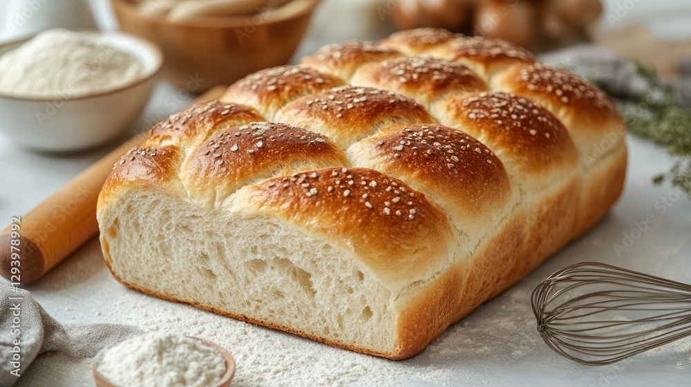Crusty artisan loaf bread, partially sliced, showing fluffy interior, with baking ingredients. Crusty artisan loaf bread, partially sliced, showing fluffy interior, with baking ingredients.