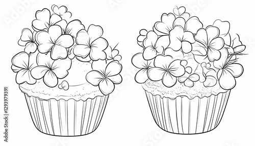 Two Cupcakes Topped with Shamrock Flowers in Black and White Lineart