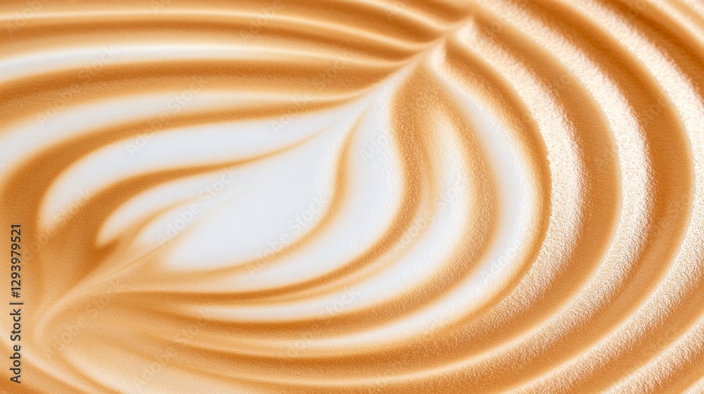 Close up of latte art with a leaf design, showcasing the texture and color variations in the frothed milk and coffee. The image features warm, light Close up of latte art with a leaf design, showcasing the texture and color variations in the frothed milk and coffee. The image features warm, light