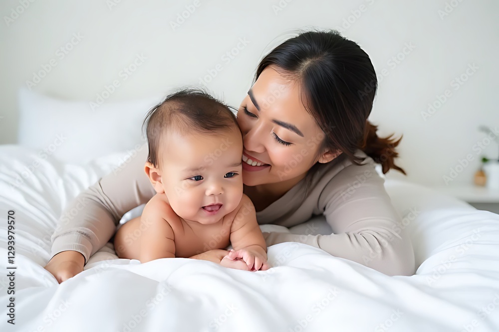 happy mother lovingly cuddles her adorable baby on a soft white bed. happy mother lovingly cuddles her adorable baby on a soft white bed.
