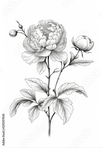 Hand-painted plants, flowers and plants, hand-painted line drawings of large peonies