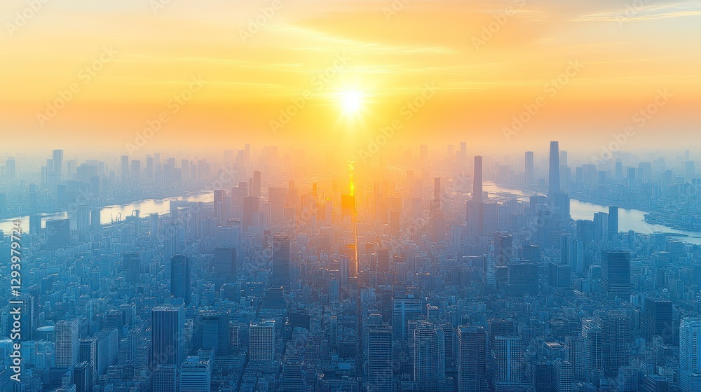 Obraz premium Stunning sunrise over a hazy cityscape, showcasing a vast urban expanse bathed in warm, golden light.