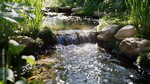 A gurgling stream with smooth stones, flowing gently through a lush green forest under a bright blue sky photo