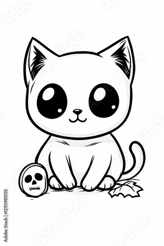 Cute Cartoon Cat with Big Eyes Sitting Next to Skull