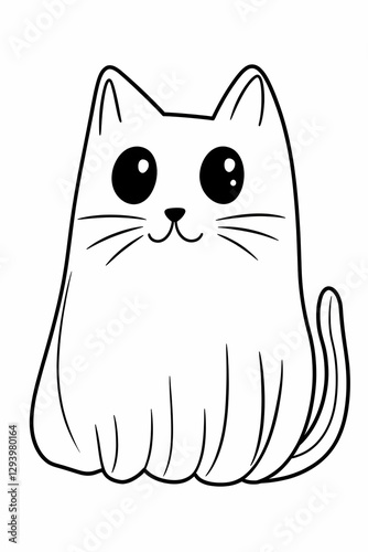 Cute Cartoon Cat Sitting Down with Simple Black and White Drawing