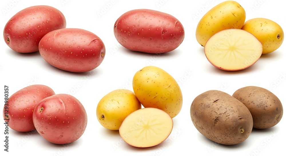A variety of potatoes, including red, yellow, and brown, on a white background A variety of potatoes, including red, yellow, and brown, on a white background