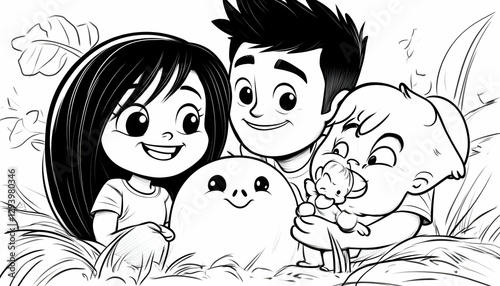 Cartoon Family Smiling with Baby and Pet Animal in the Grass