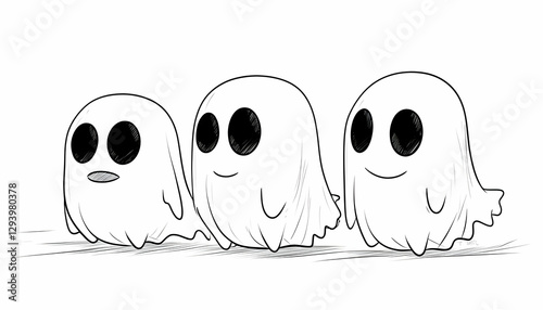 Three Cartoon Ghosts Walking Together in a Row Happy and Cute