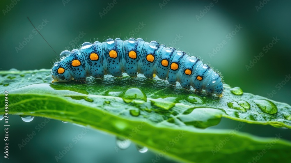 Vibrant blue caterpillar with orange dots crawling on a dew-covered green leaf. Vibrant blue caterpillar with orange dots crawling on a dew-covered green leaf.