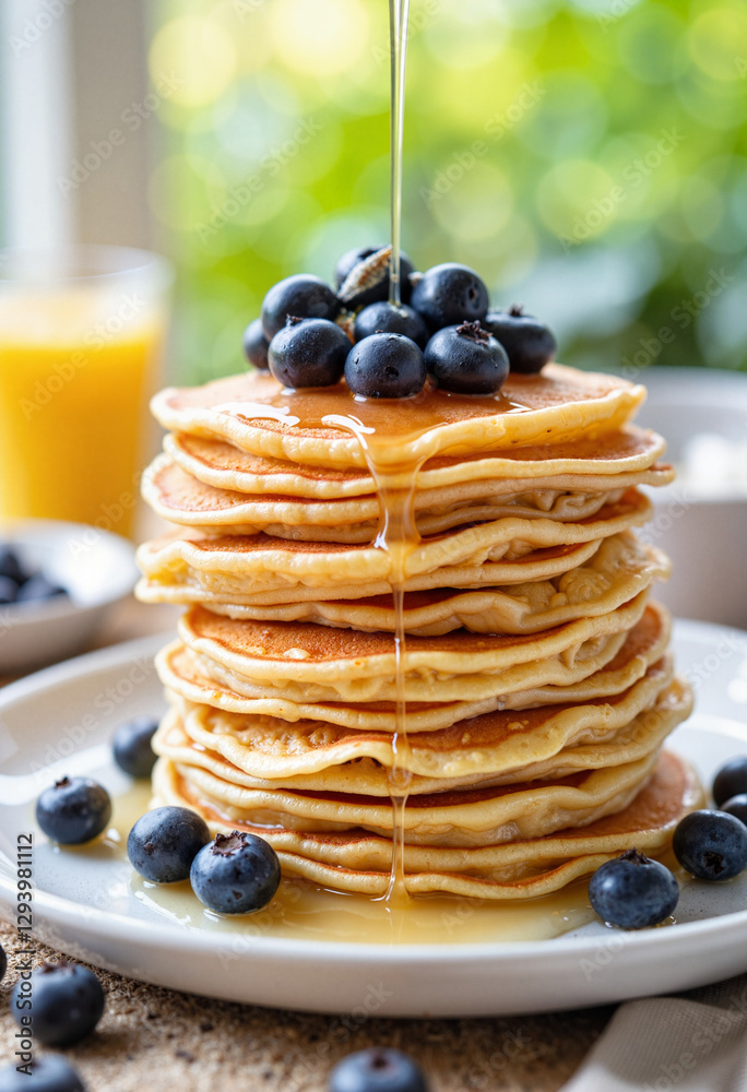 Delicious pancake stack drizzled with syrup and topped with blueberries, breakfast treat Delicious pancake stack drizzled with syrup and topped with blueberries, breakfast treat