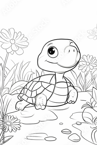 Cute Cartoon Turtle Sitting Among Flowers in a Line Art Illustration