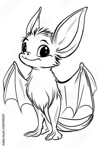 Cute Bat Standing with Wings Outstretched Line Art Illustration
