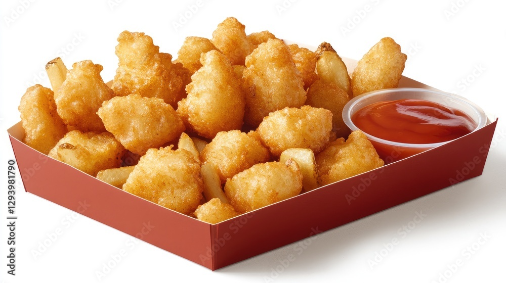 Naklejka premium A box of fast food fries with golden crispy pieces and a side of tangy dipping sauce.