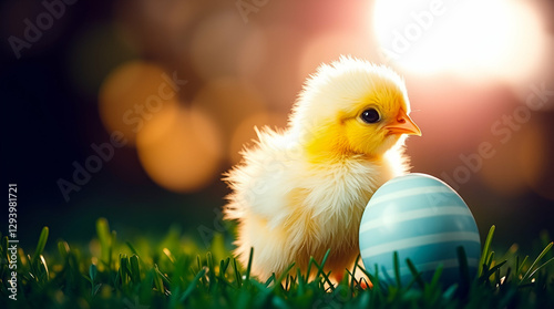 Adorable fluffy yellow baby chick standing on green grass beside a colorful decorated Easter egg, illuminated by warm sunlight, symbolizing spring, renewal, and the joy of Easter celebrations