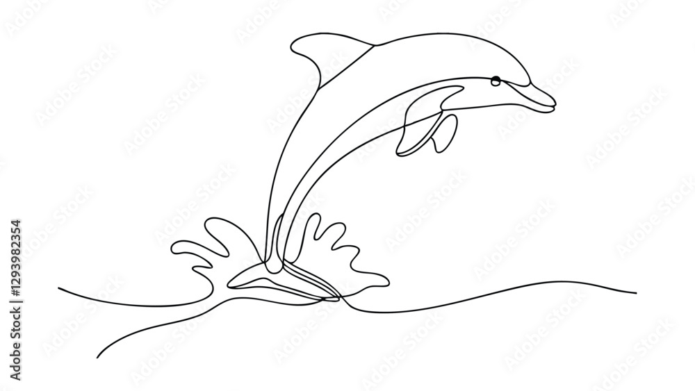 Fototapeta premium A continuous line drawing depicts a dolphin leaping from the ocean. The minimalist style showcases the dolphins graceful movement and the splash of water. Clean lines create an elegant image.