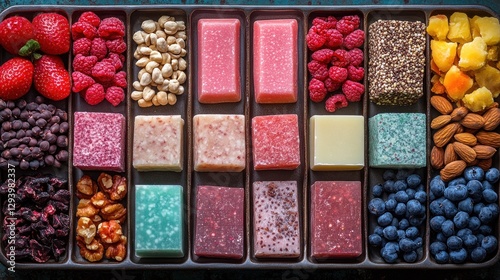 Colorful candy assortment in tray with assorted nuts and berries.