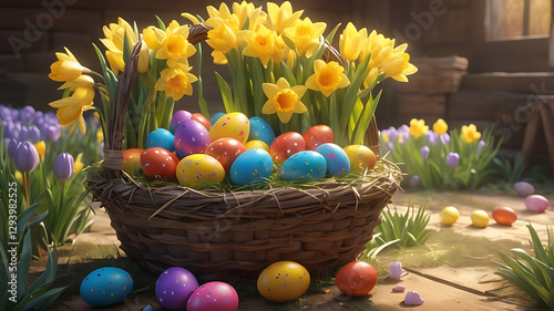 Easter basket with bright eggs, joyful mood, surrounded by blooming flowers in a garden