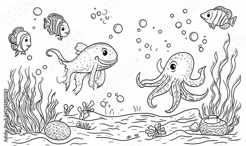 Cartoon Underwater Scene with Smiling Fish and Octopus Black and White