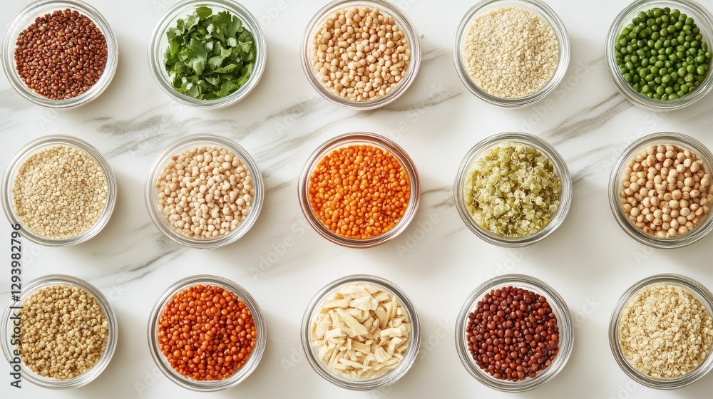 A collection of whole grains like quinoa, lentils, and farro, arranged neatly in small bowls for a healthy meal prep. A collection of whole grains like quinoa, lentils, and farro, arranged neatly in small bowls for a healthy meal prep.