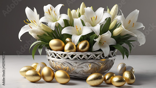 Easter basket with golden eggs and white lilies, elegant mood, on a marble surface