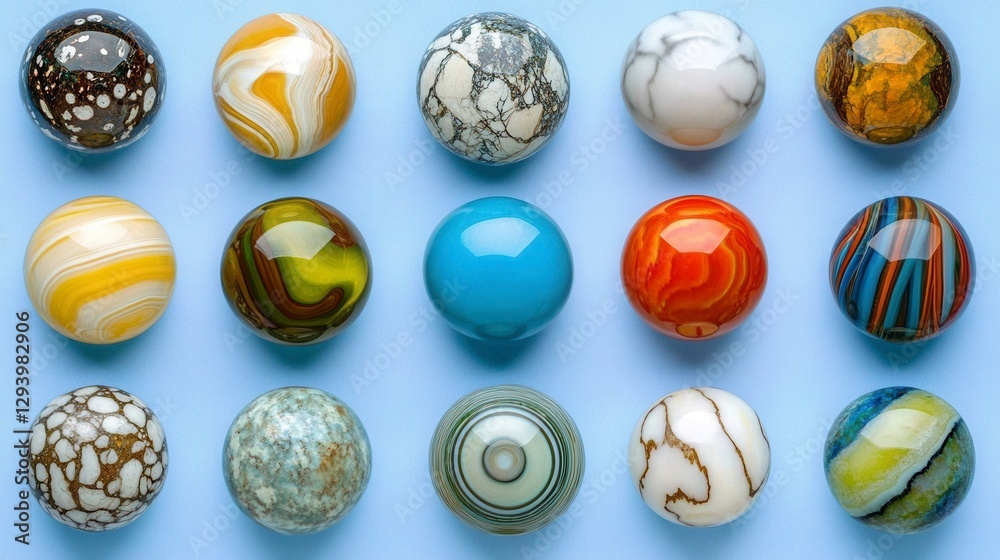 Collection of colorful glass marbles arranged on a light blue background. Each marble displays unique patterns and textures. The image features a Collection of colorful glass marbles arranged on a light blue background. Each marble displays unique patterns and textures. The image features a