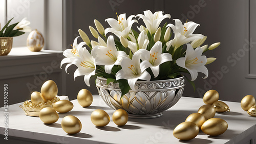 Easter basket with golden eggs and white lilies, sophisticated mood, on a stylish table