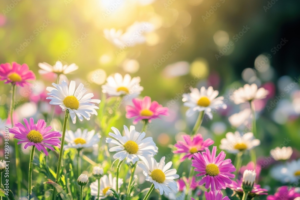 Meadow bursting with stunning white and pink daisies illuminated by sunlight for peaceful nature photography lovers Meadow bursting with stunning white and pink daisies illuminated by sunlight for peaceful nature photography lovers