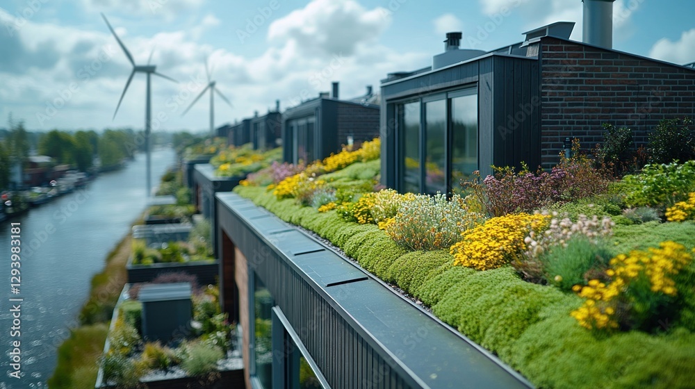 Fototapeta premium Sustainable housing with green roofs and wind turbines.