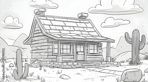 Sketch of a Cabin in Desert Landscape with Cactus and Clouds